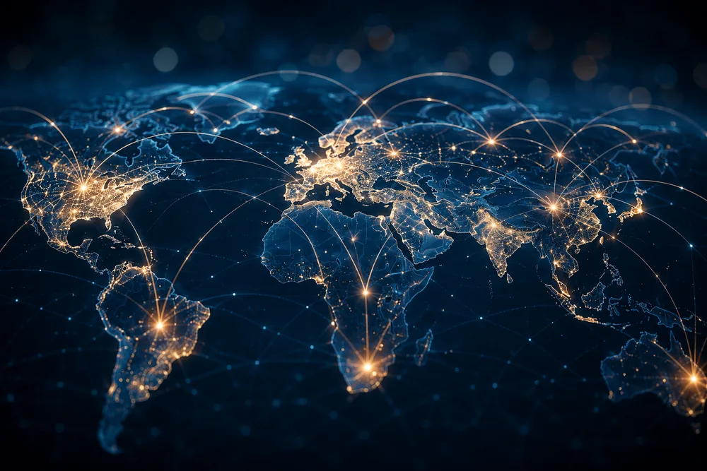 Global teams connected across a world map
