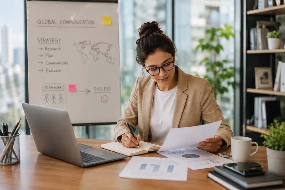 A professional preparing a global communication strategy