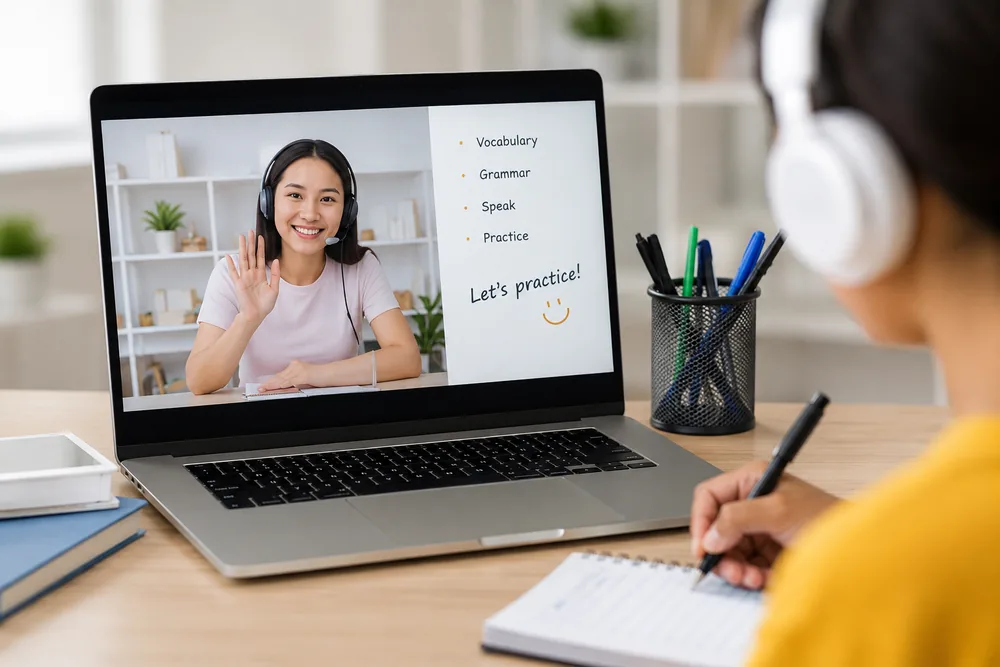 A student in a live online English lesson with a teacher